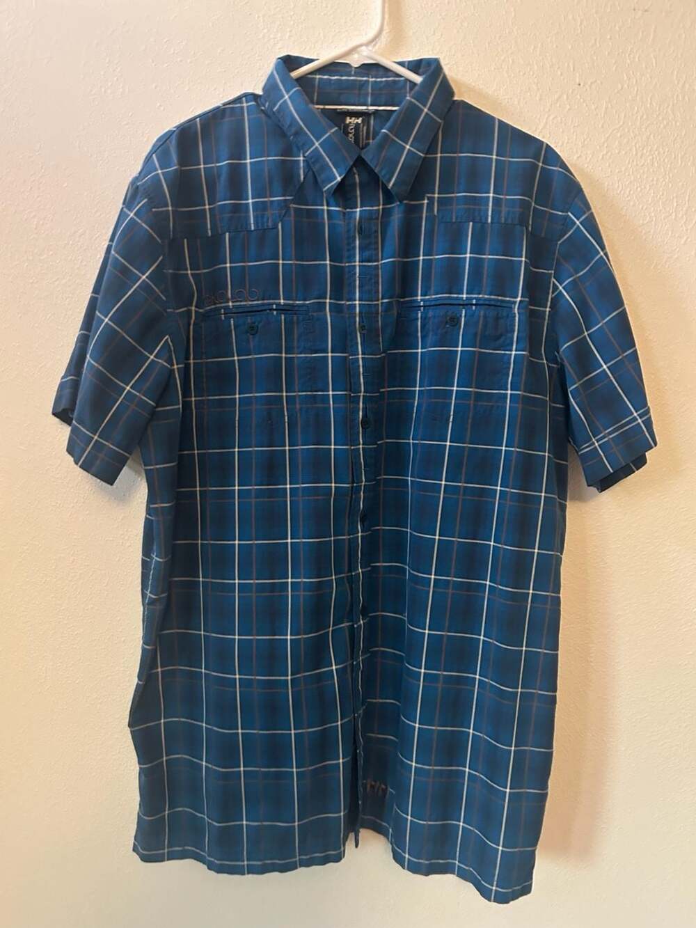 Helly Hansen Ekolab Men's Blue Plaid Short Sleeve Button Down Shirt XL
